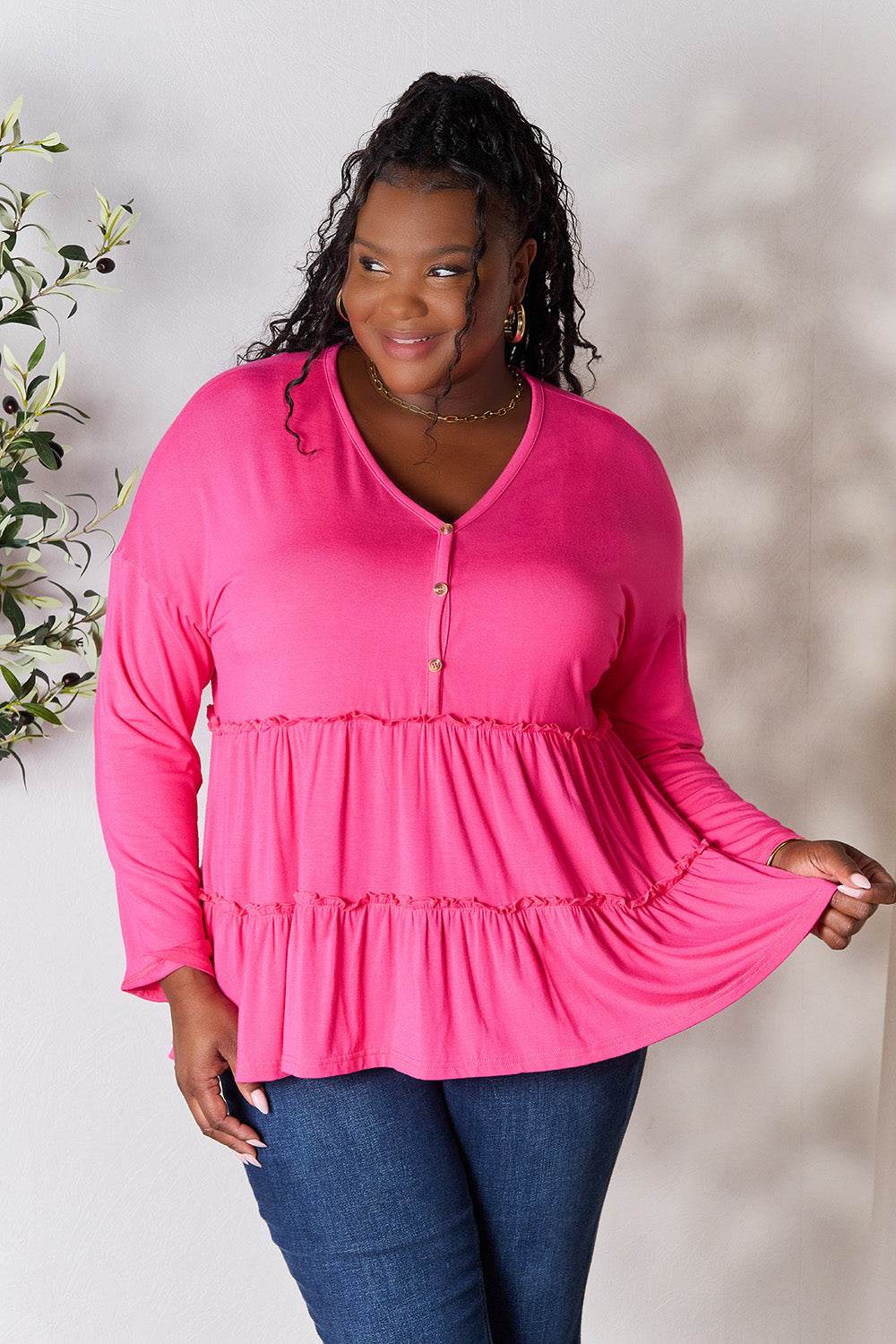 Double Take Half Button Long Sleeve Ruffle Hem Blouse - Delanoir
