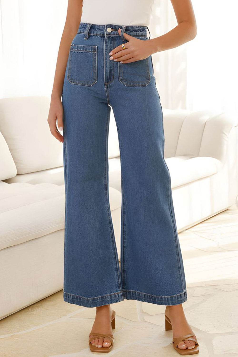 High Waist Bootcut Jeans with Pockets - Delanoir