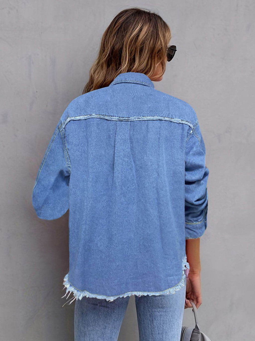 Pocketed Collared Neck Long Sleeve Denim Shirt - Delanoir
