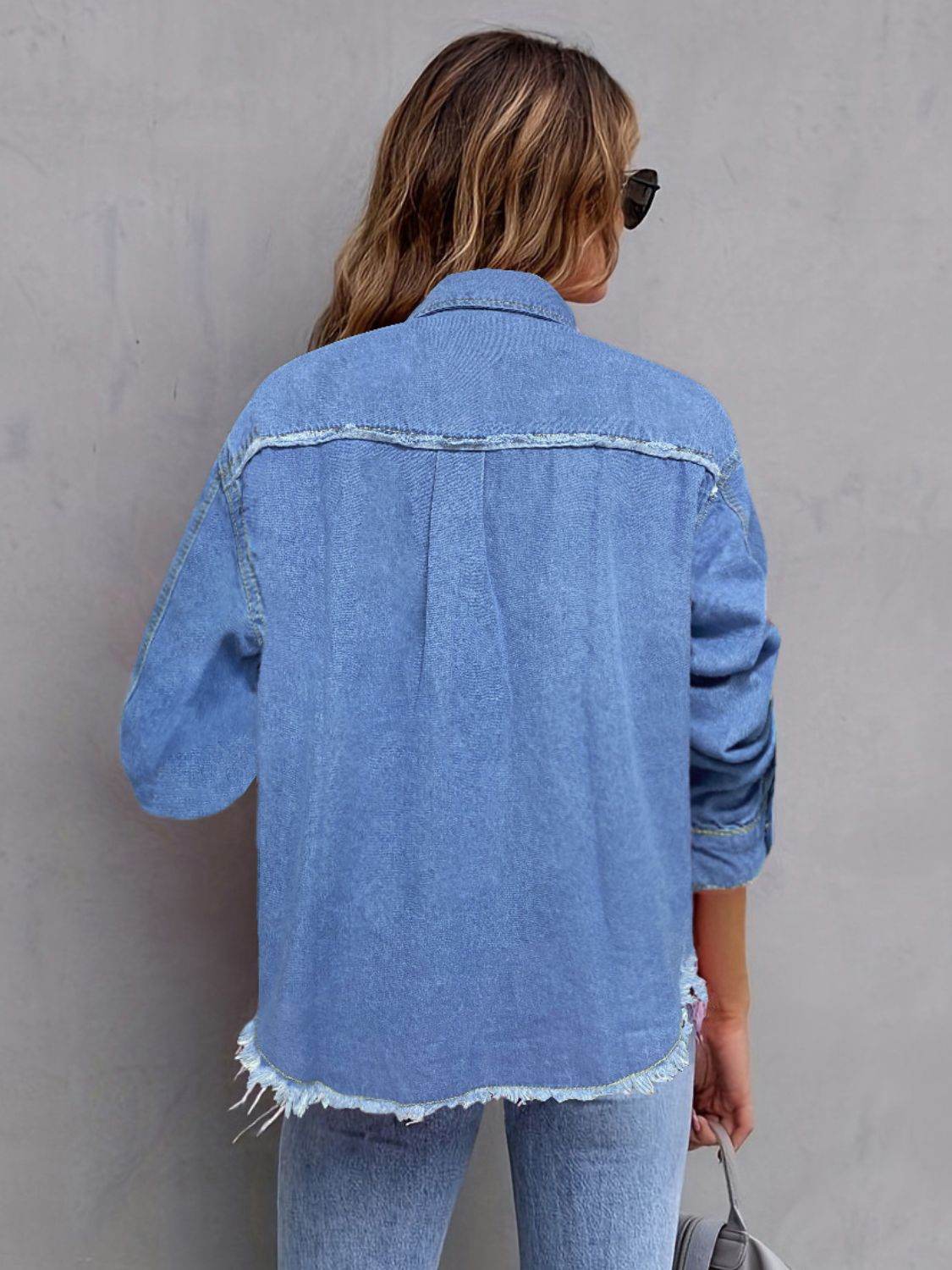 Pocketed Collared Neck Long Sleeve Denim Shirt - Delanoir
