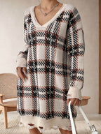 Distressed Plaid V-Neck Long Sleeve Sweater Dress - Delanoir