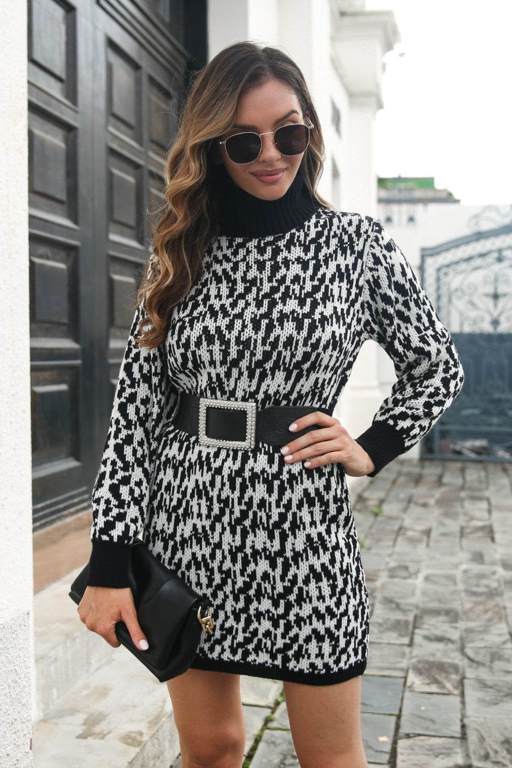 Heathered Turtleneck Mini Sweater Dress - Delanoir