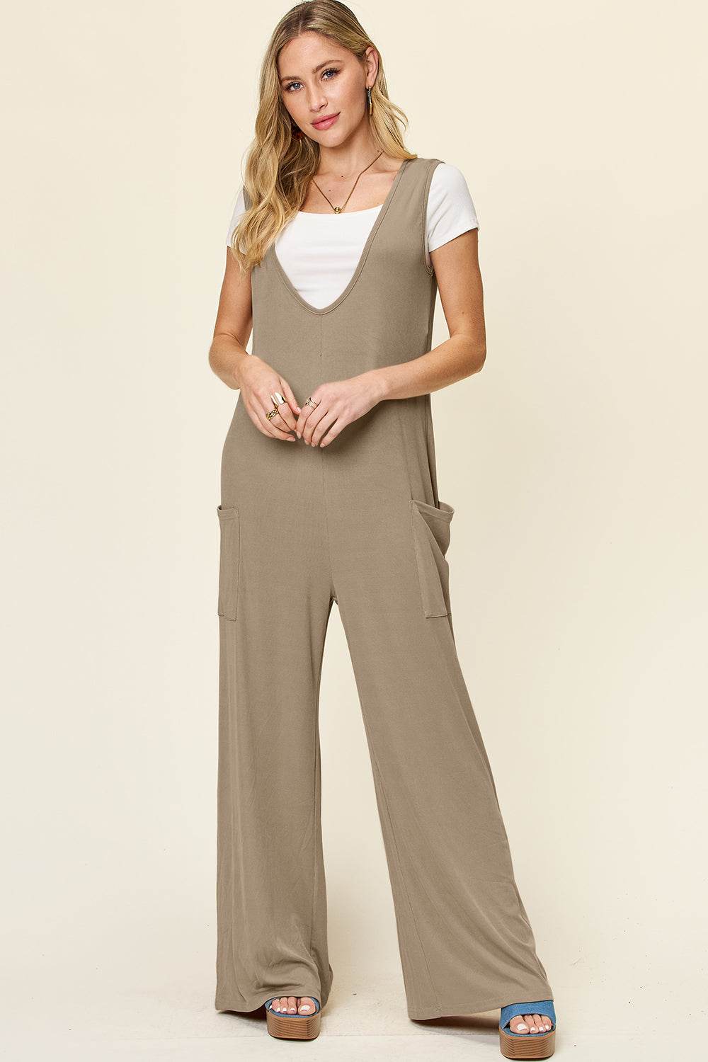 Double Take Full Size Sleeveless Wide Leg Jumpsuit with Pockets - Delanoir