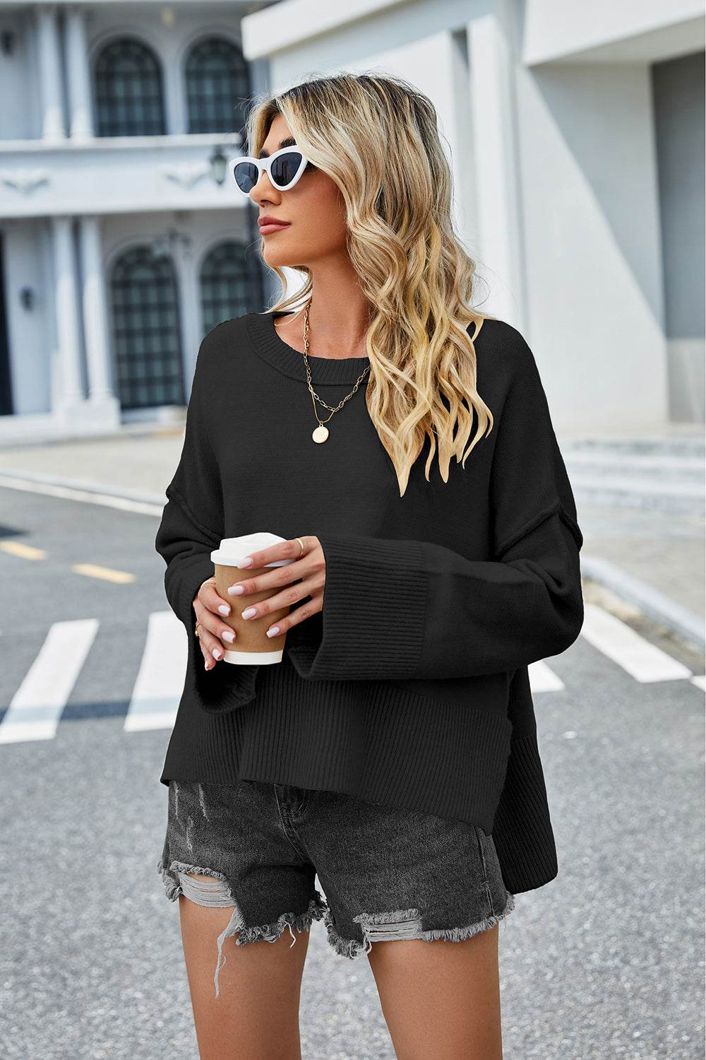 High-Low Slit Round Neck Long Sleeve Sweater - Delanoir
