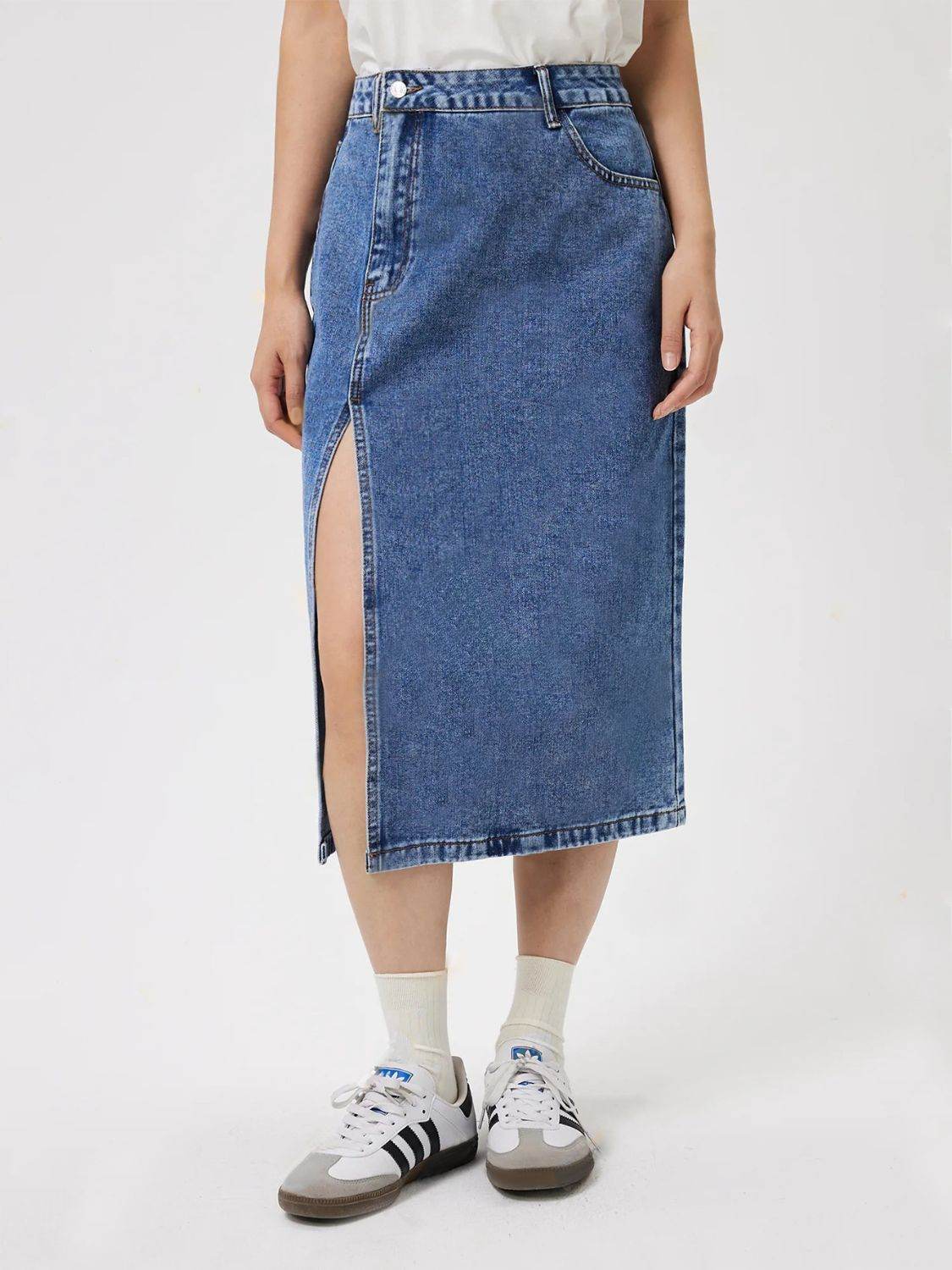 Slit Midi Denim Skirt with Pockets - Delanoir