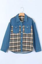 Plaid Pocketed Button Up Denim Jacket - Delanoir