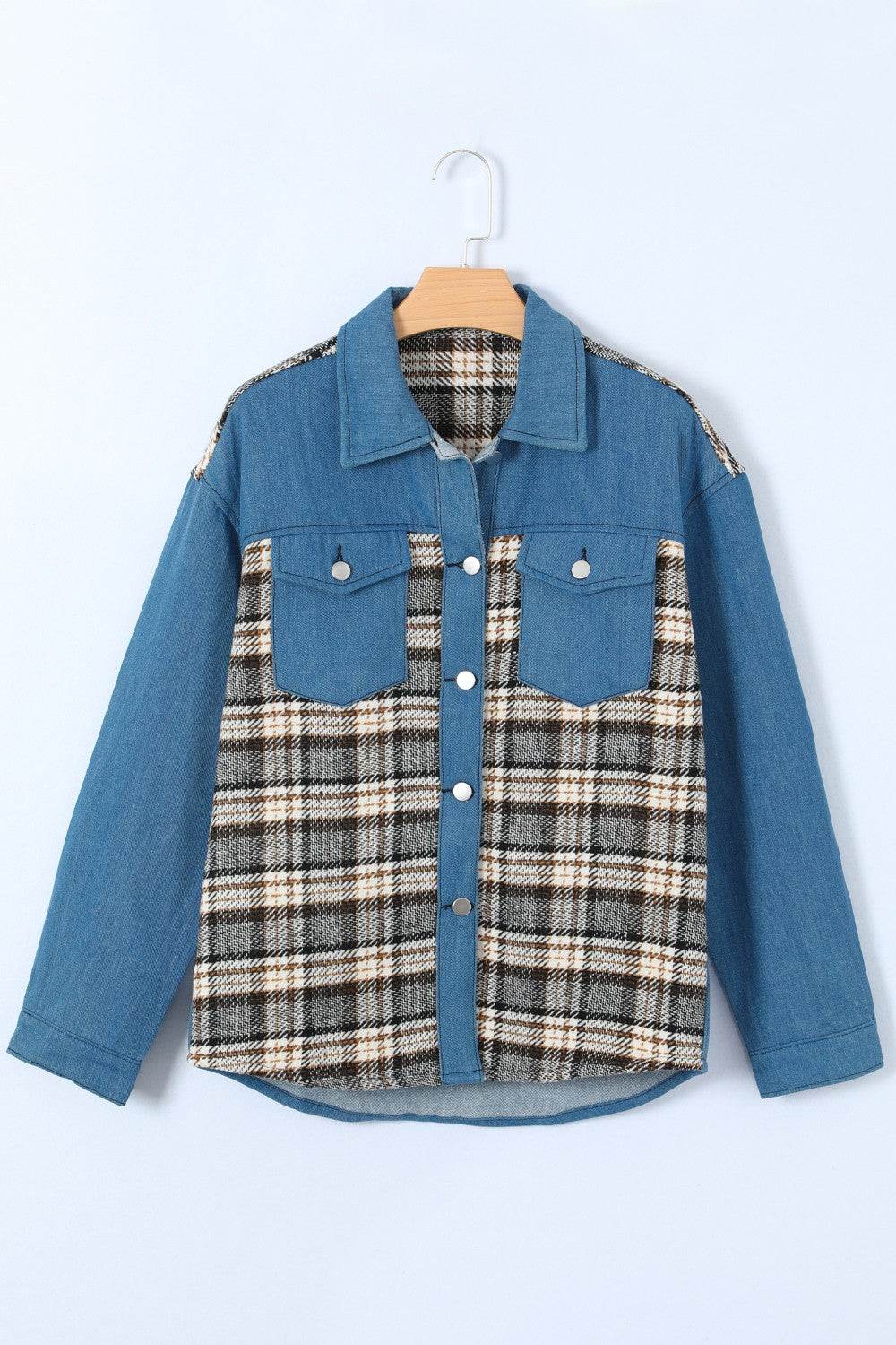 Plaid Pocketed Button Up Denim Jacket - Delanoir