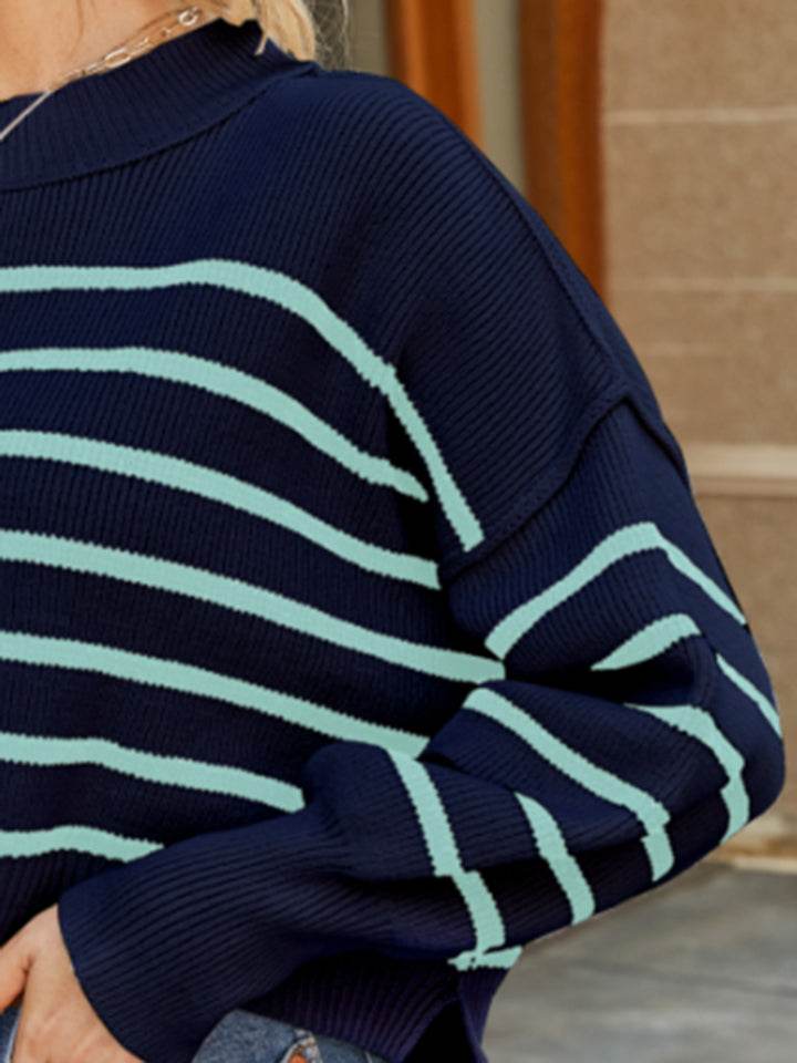 Round Neck Striped Lantern Sleeve Sweater - Delanoir