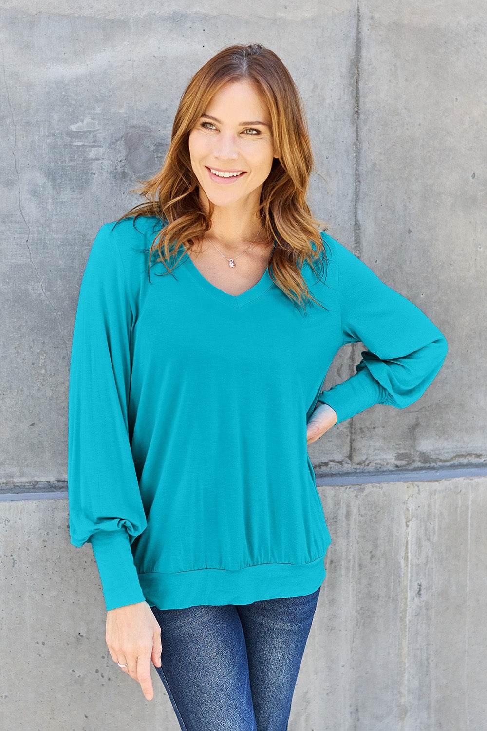 Basic Bae Full Size V-Neck Lantern Sleeve Top - Delanoir