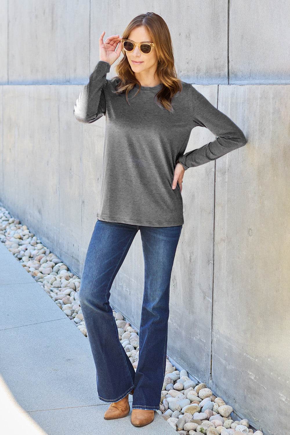 Basic Bae Full Size Round Neck Long Sleeve Top - Delanoir
