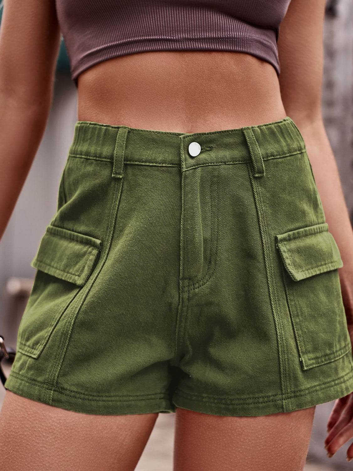High Waist Denim Shorts with Pockets - Delanoir