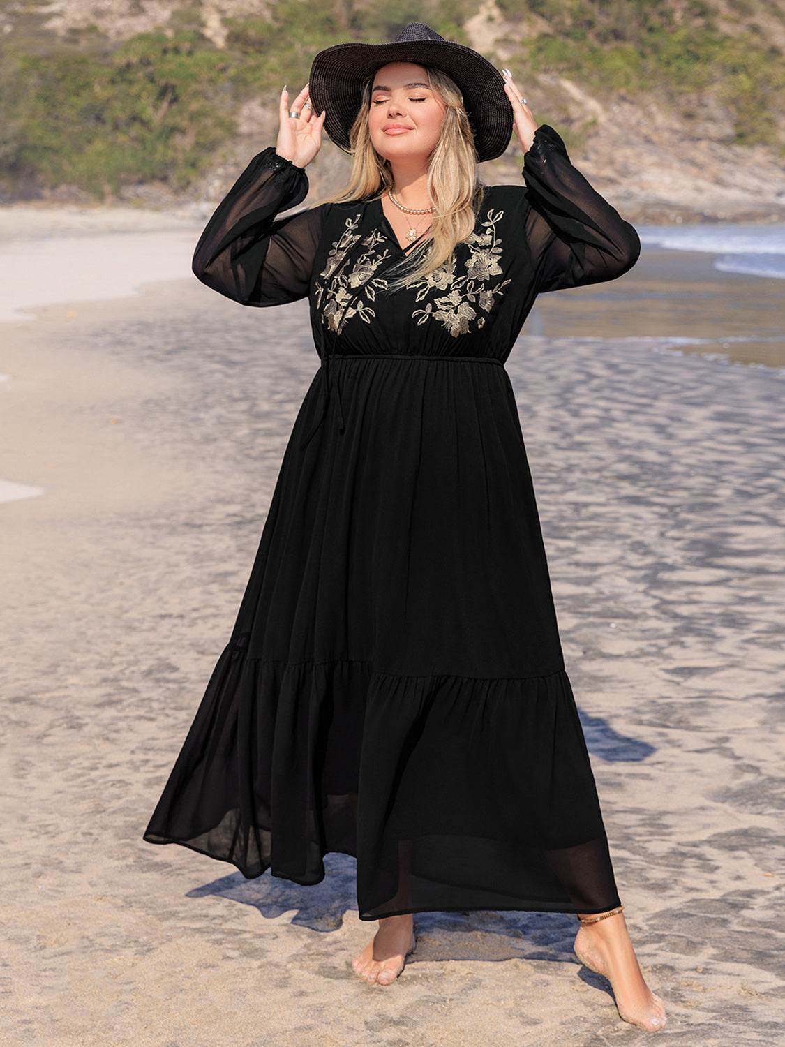 Plus Size Embroidered Tie Neck Long Sleeve Dress - Delanoir