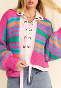 Contrast Striped Open Front Long Sleeve Cardigan - Delanoir