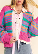 Contrast Striped Open Front Long Sleeve Cardigan - Delanoir