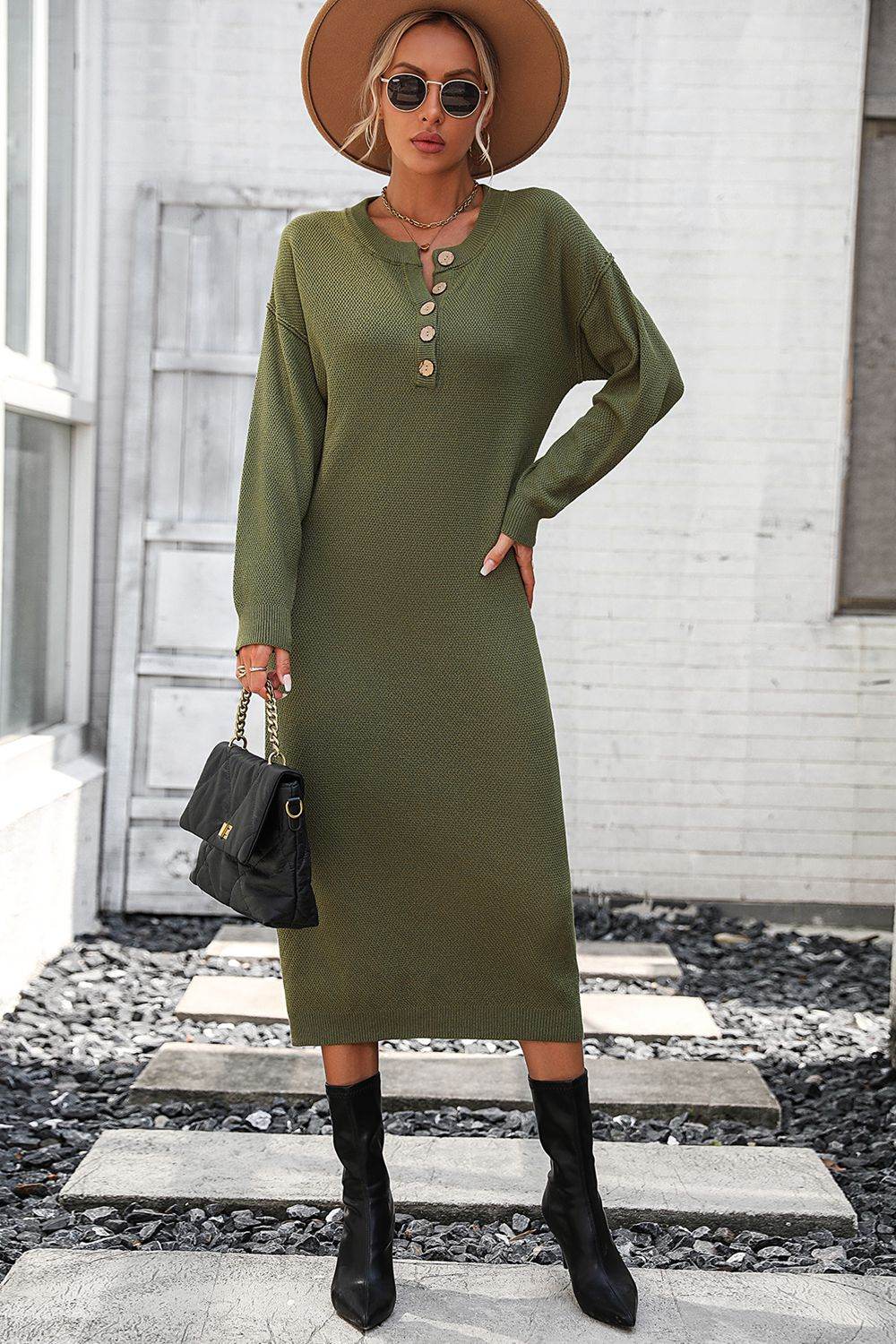 Decorative Button Notched Dropped Shoulder Sweater Dress - Delanoir