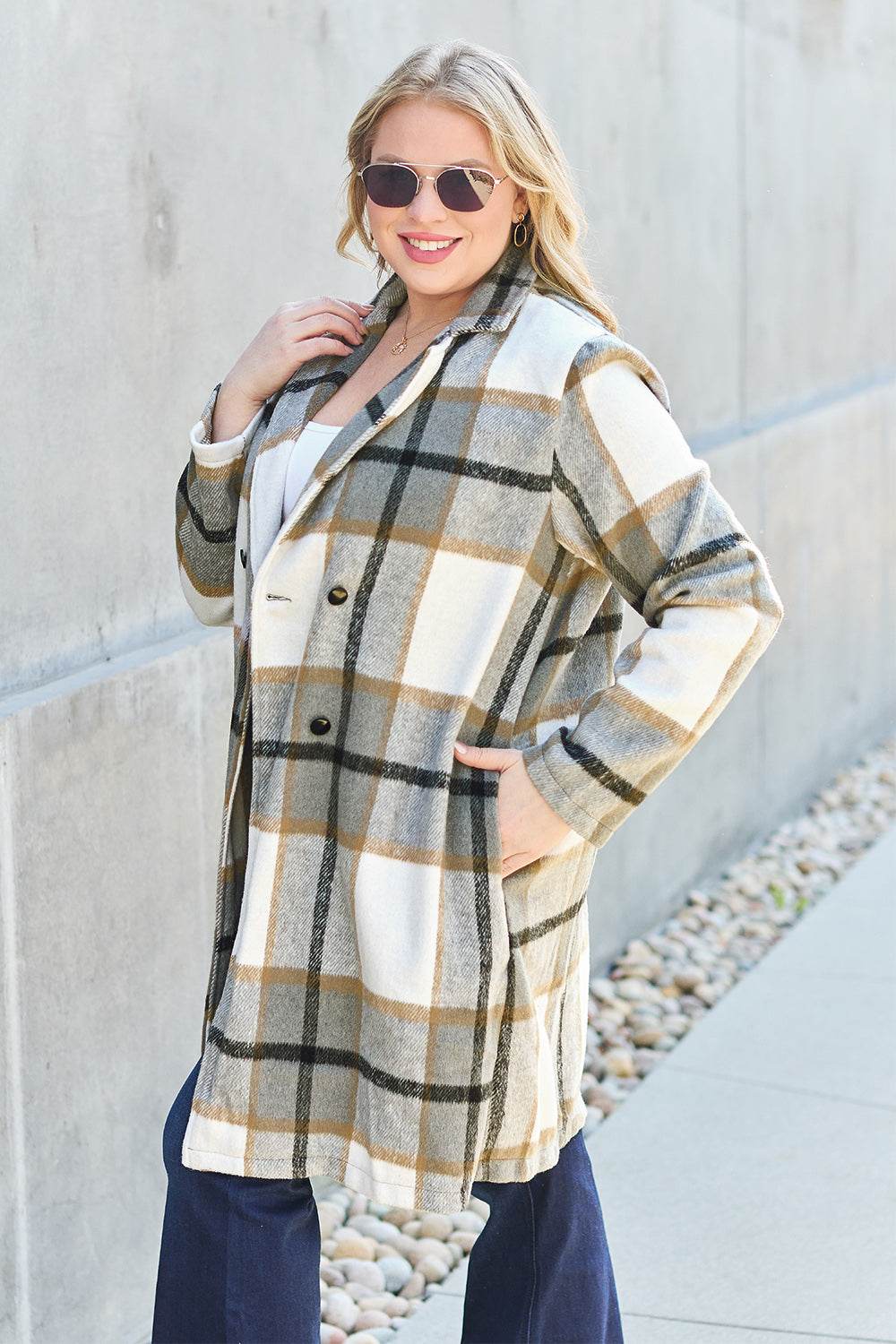 Double Take Full Size Plaid Button Up Lapel Collar Coat - Delanoir
