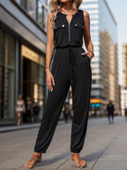 Perfee Half Zip Sleeveless Jumpsuit with Pockets - Delanoir