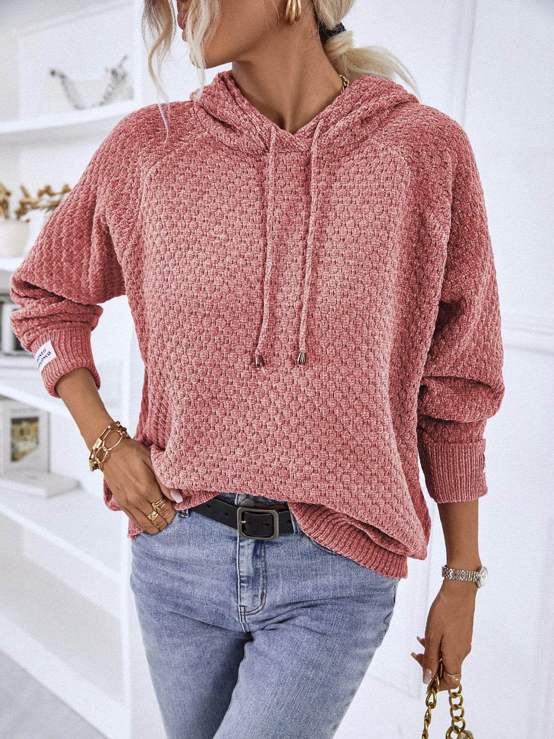 Texture Drawstring Long Sleeve Hooded Sweater - Delanoir