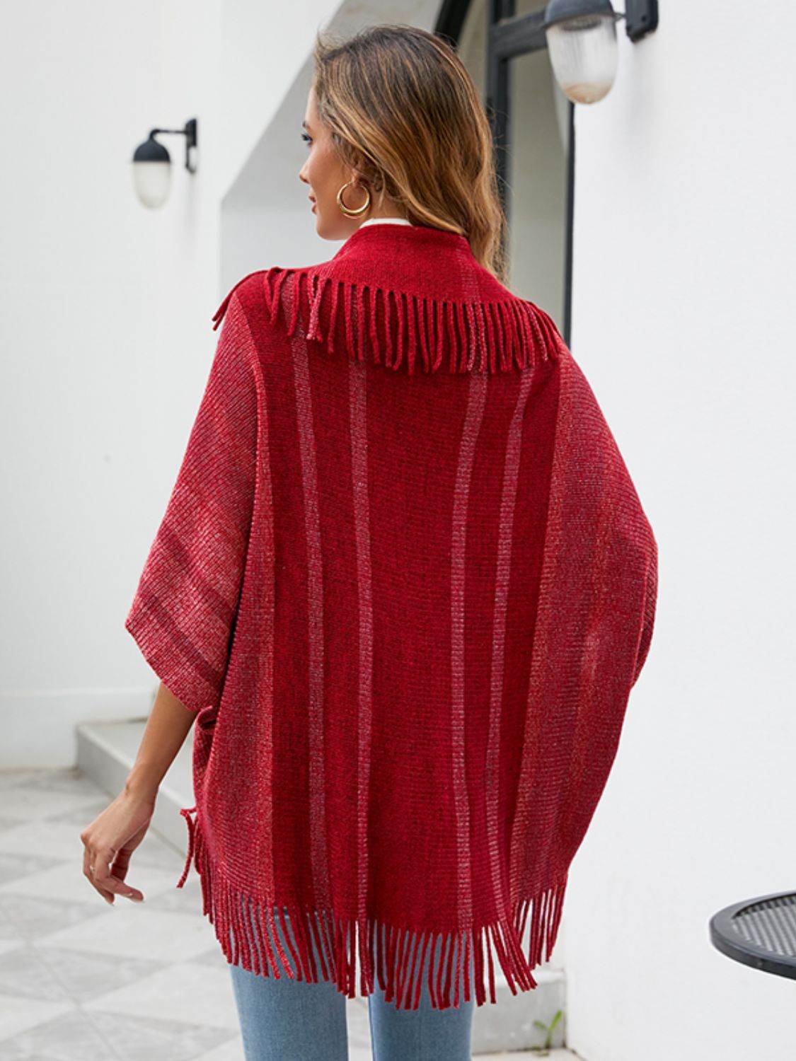 Fringe Detail Open Front Poncho - Delanoir