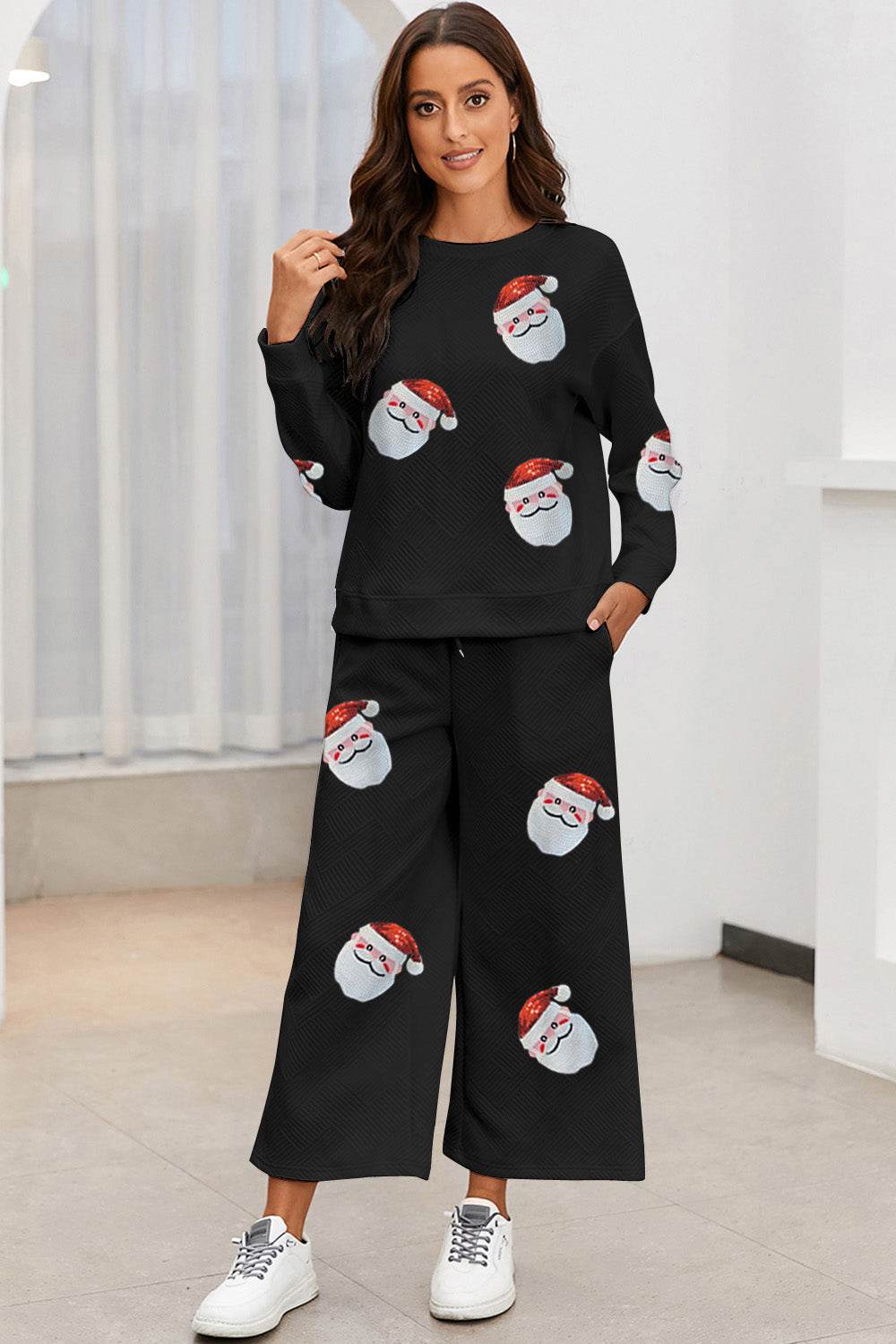 Santa Sequin Round Neck Top and Pants Set - Delanoir