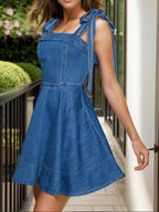 Square Neck Tie Shoulder Denim Dress - Delanoir