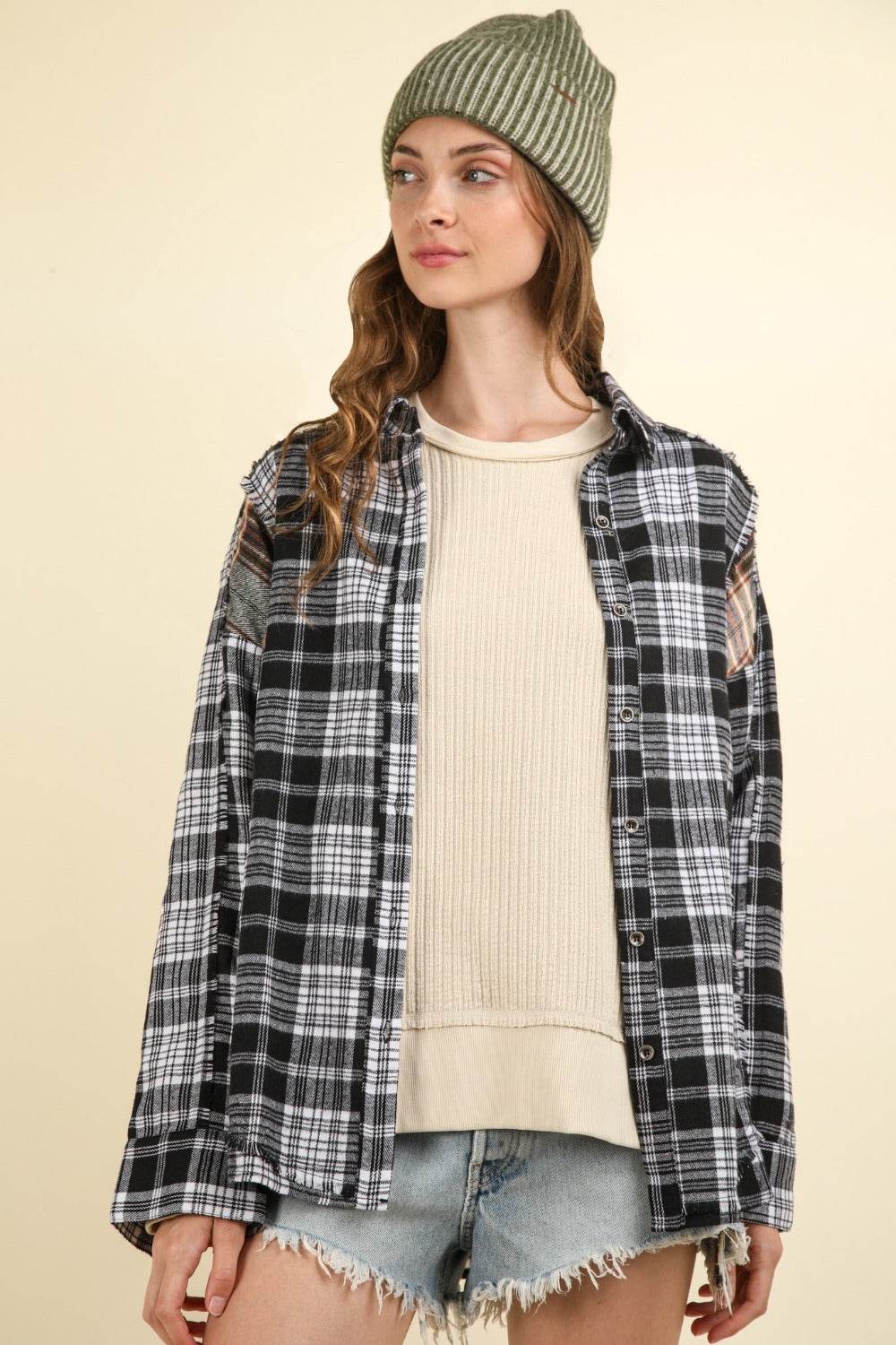 VERY J Contrast Plaid Raw Detail Shirt - Delanoir