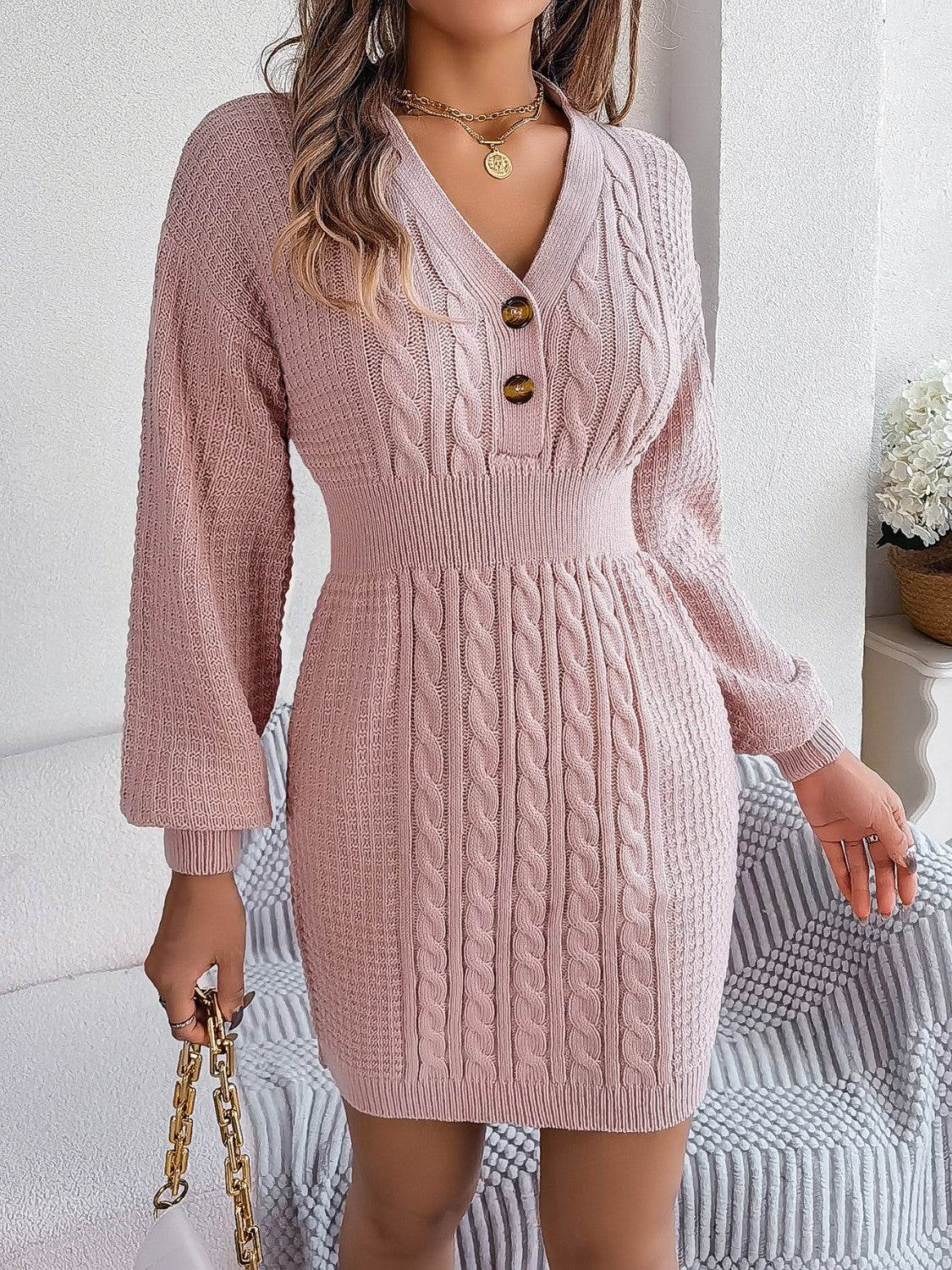Buttoned Cable-Knit V-Neck Sweater Dress - Delanoir