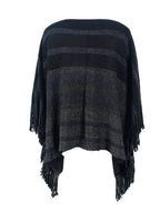Striped Boat Neck Poncho with Fringes - Delanoir