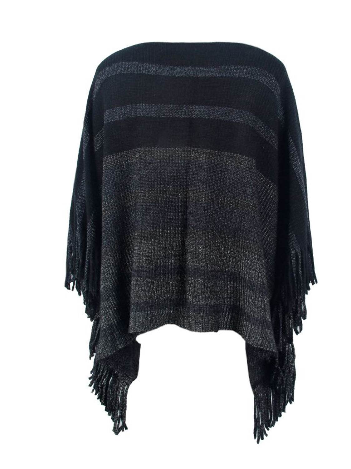Striped Boat Neck Poncho with Fringes - Delanoir