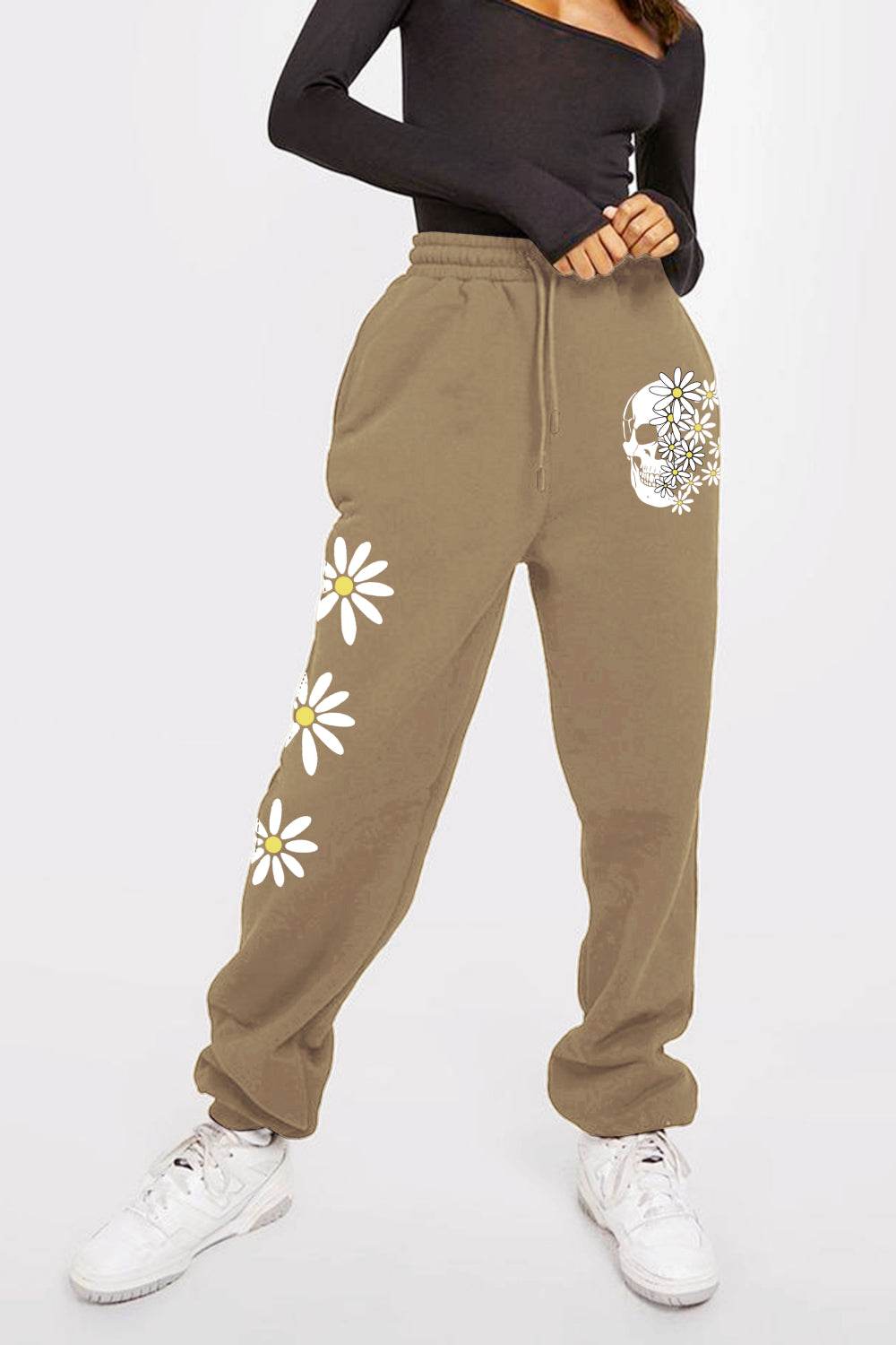 Simply Love Simply Love Full Size Drawstring Flower & Skull Graphic Long Sweatpants - Delanoir
