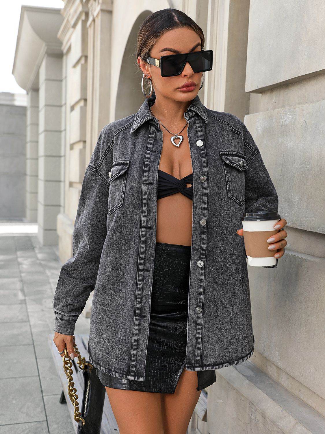 Button Up Long Sleeve Fleece Denim Jacket - Delanoir