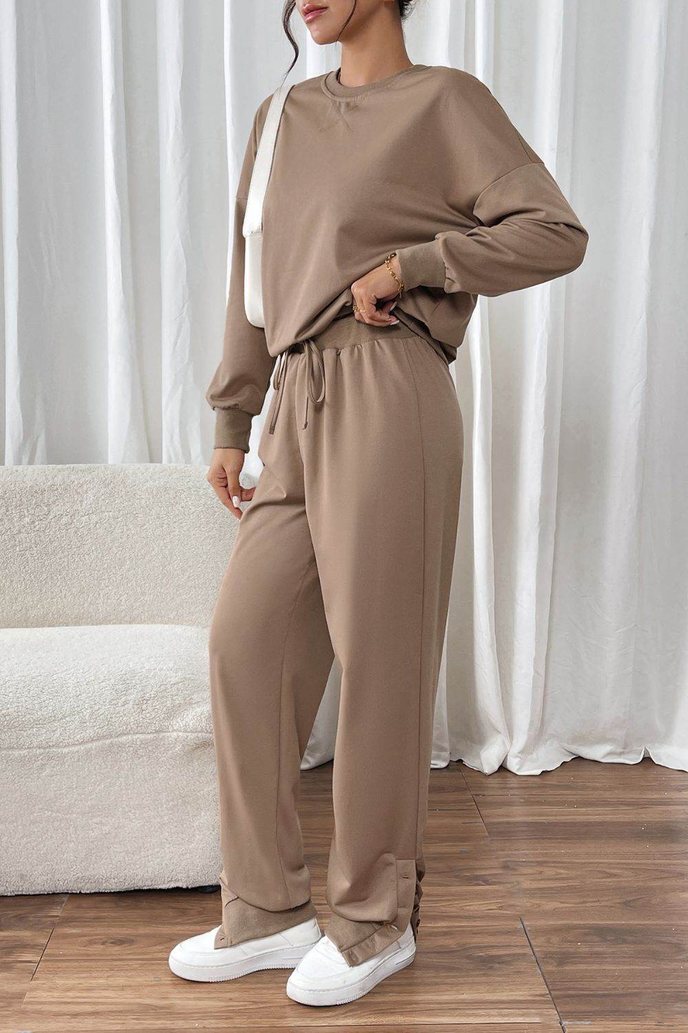 Perfee Round Neck Long Sleeve Top and Pants Set - Delanoir