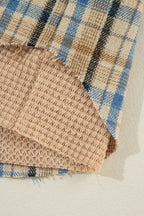 Drawstring Waffle Knit Patchwork Hooded Plaid Shacket - Delanoir