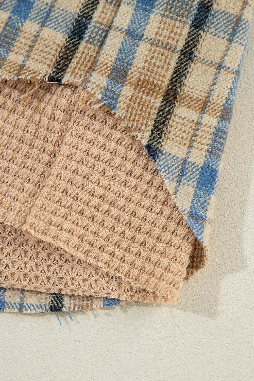 Drawstring Waffle Knit Patchwork Hooded Plaid Shacket - Delanoir