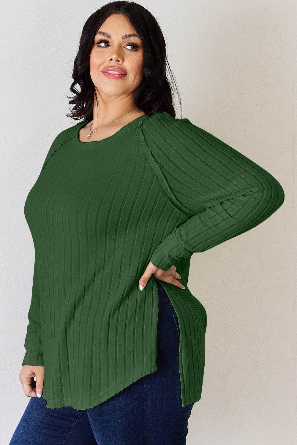 Basic Bae Full Size Ribbed Round Neck Slit T-Shirt - Delanoir
