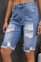 Distressed Frayed Hem Denim Bermuda Shorts - Delanoir