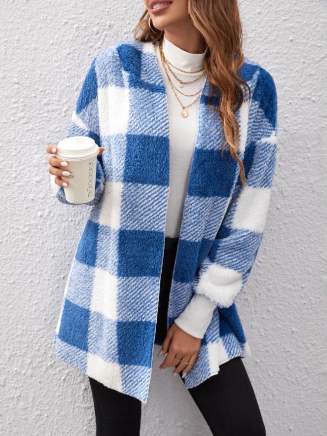 Plaid Long Sleeve Hooded Coat - Delanoir