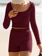 Scoop Neck Long Sleeve Top and Shorts Set - Delanoir