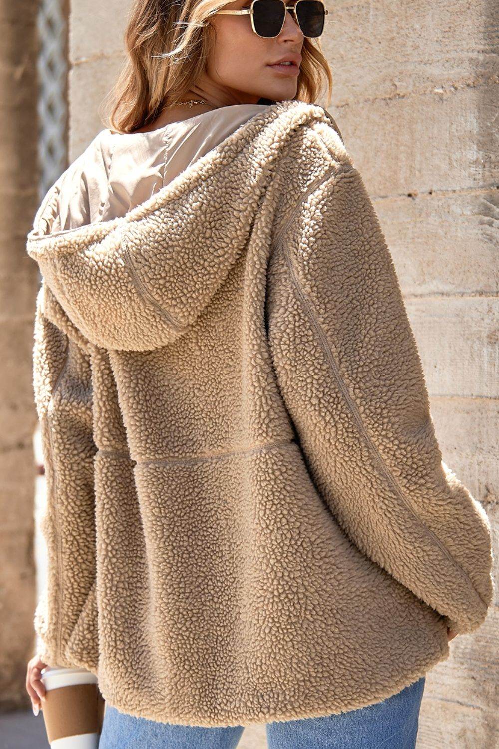Drawstring Fleece Zip Up Hooded Jacket - Delanoir