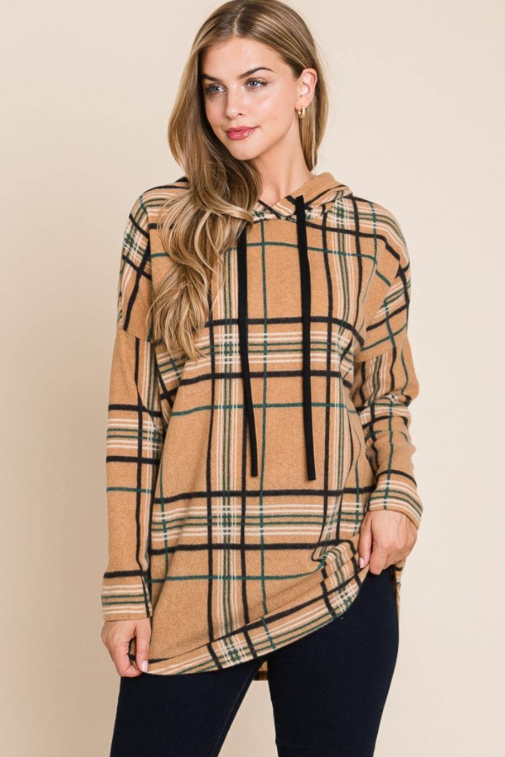 BOMBOM Drawstring Plaid Long Sleeve Hoodie - Delanoir