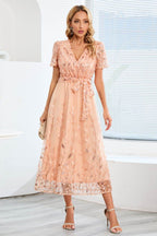 Sequin Leaf Embroidery Tie Front Short Sleeve Dress - Delanoir
