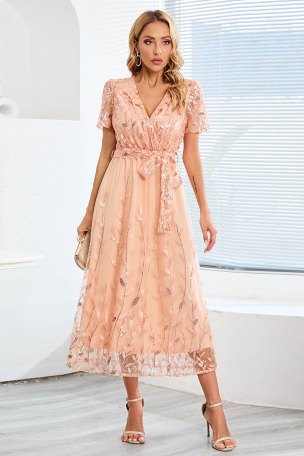 Sequin Leaf Embroidery Tie Front Short Sleeve Dress - Delanoir