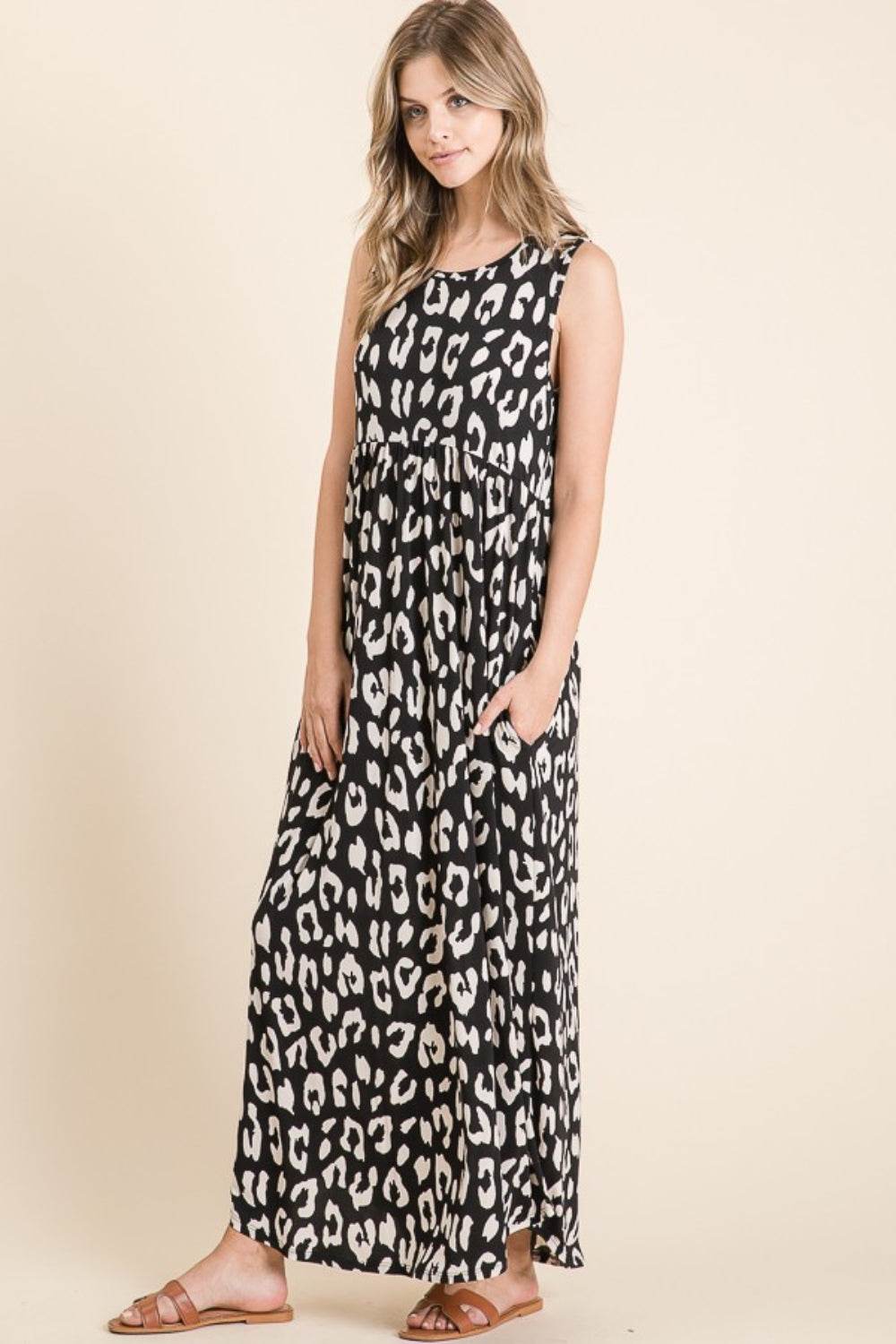 BOMBOM Leopard Maxi Dress with Pockets - Delanoir