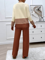 Devine Slit Striped Round Neck Top and Pants Sweater Set - Delanoir