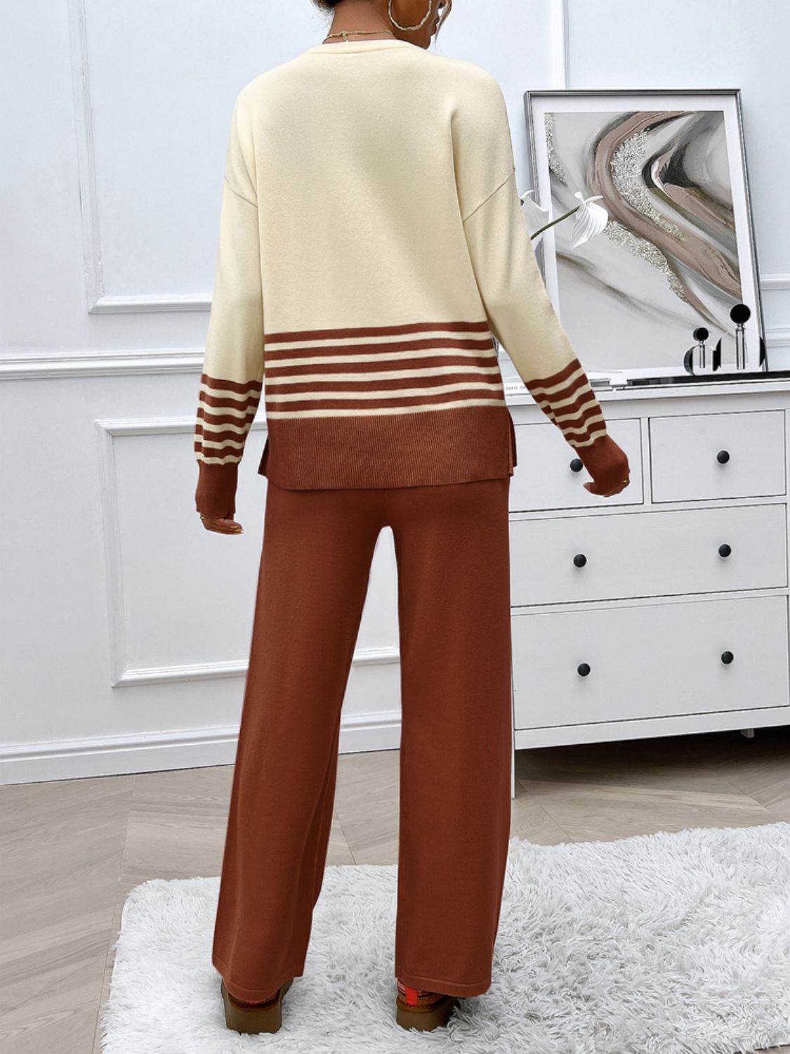 Devine Slit Striped Round Neck Top and Pants Sweater Set - Delanoir
