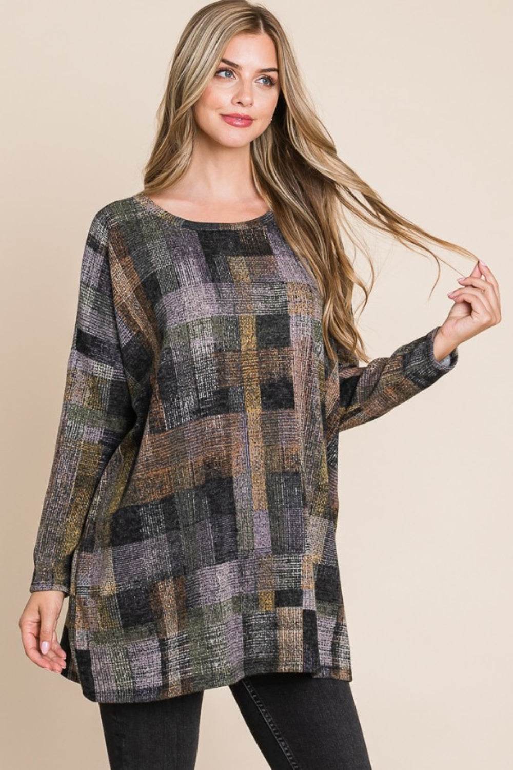 BOMBOM Plaid Round Neck Long Sleeve Top - Delanoir