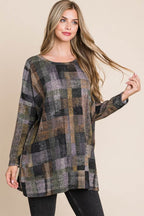 BOMBOM Plaid Round Neck Long Sleeve Top - Delanoir