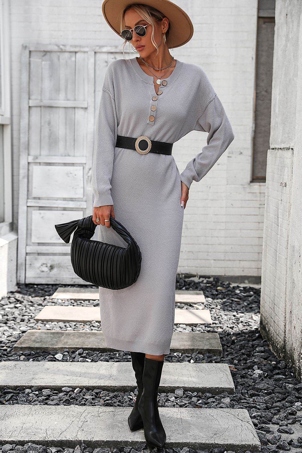 Decorative Button Notched Dropped Shoulder Sweater Dress - Delanoir