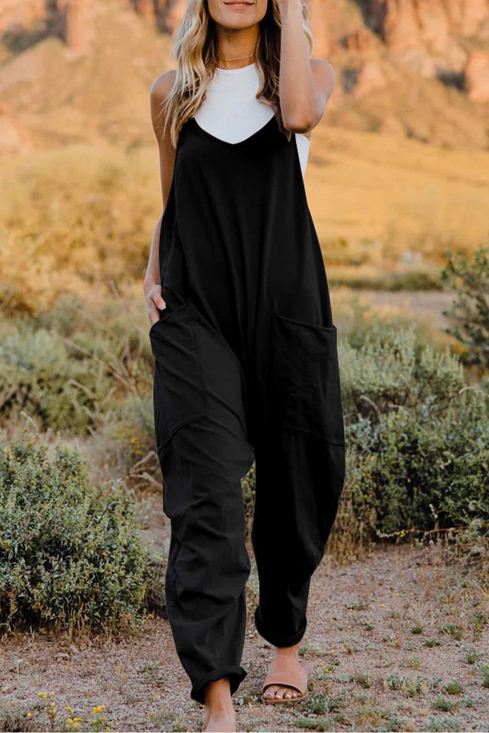 Double Take Full Size V-Neck Sleeveless Jumpsuit with Pockets - Delanoir