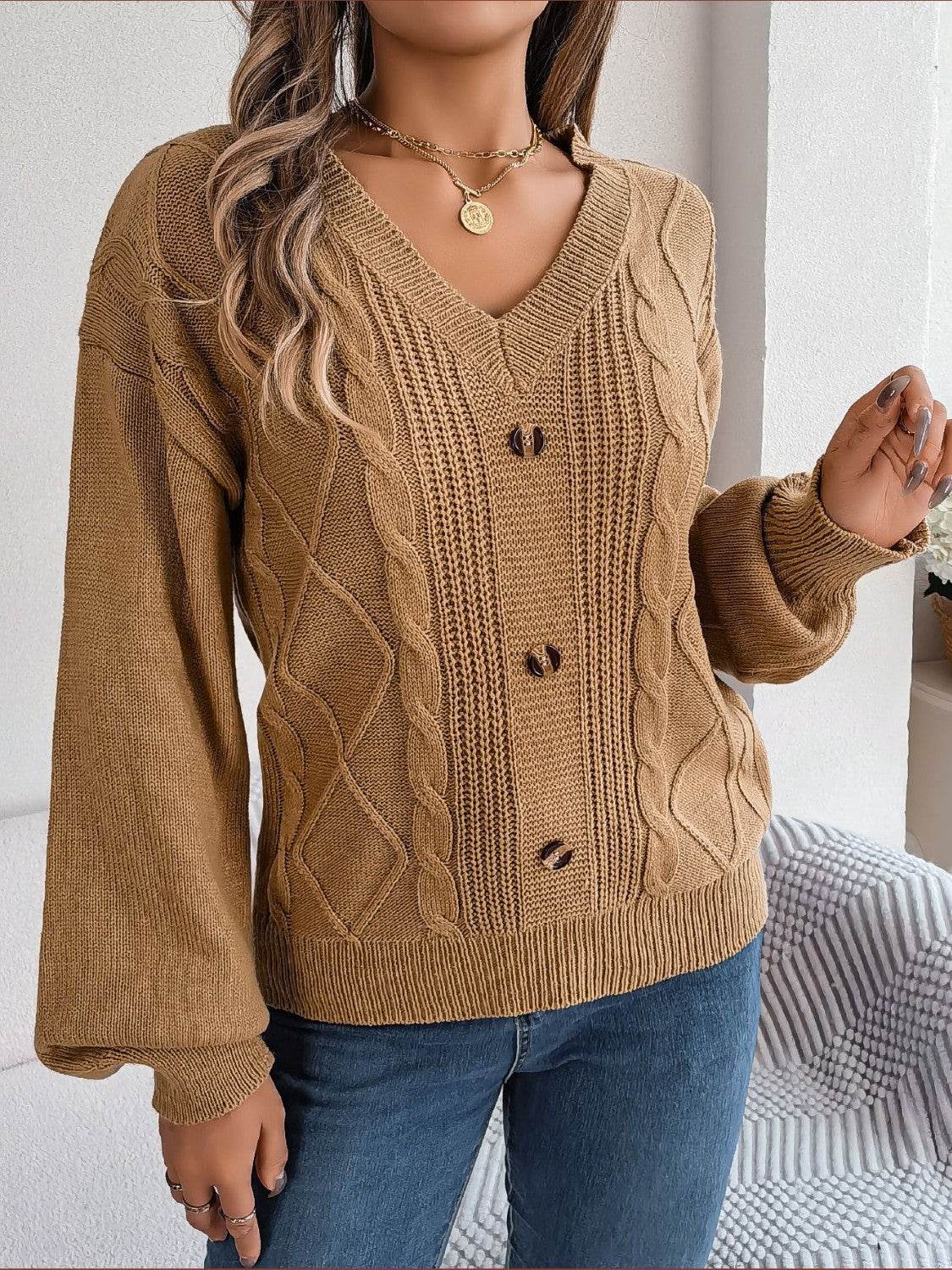 Cable-Knit Buttoned V-Neck Sweater - Delanoir